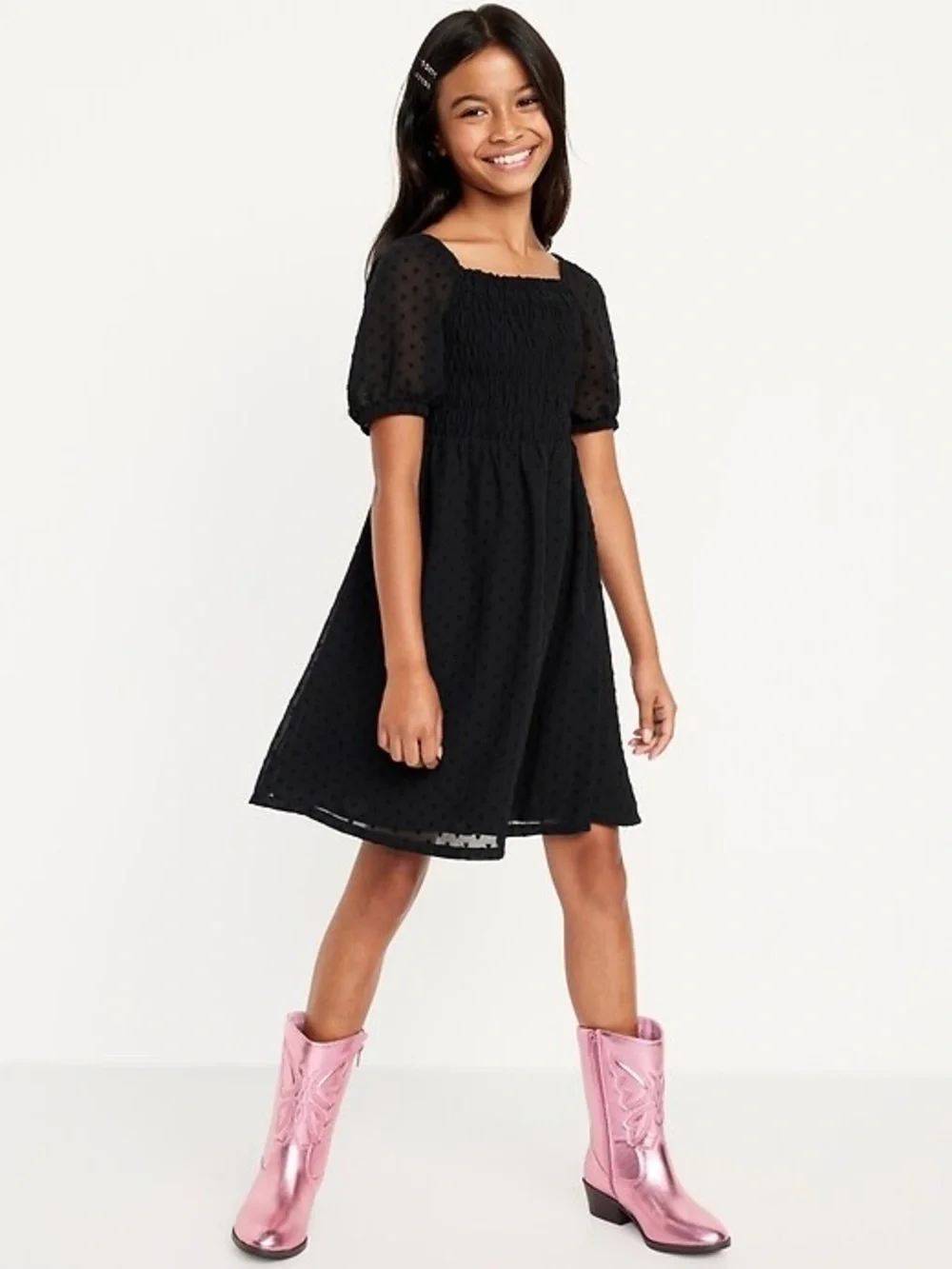NWT Old Navy Girls Chiffon Puff-Sleeve Smocked Clip-Dot Dress | Black | Small